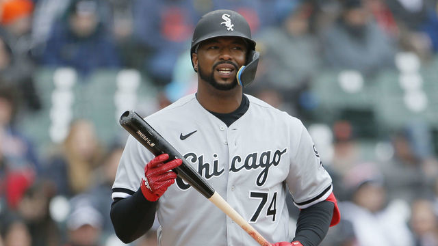 DETROIT, MI - APRIL 9: Eloy Jimenez #74 of the Chicago White Sox during an at-bat against the Detroit Tigers at Comerica Park on April 9, 2022, in Detroit, Michigan.