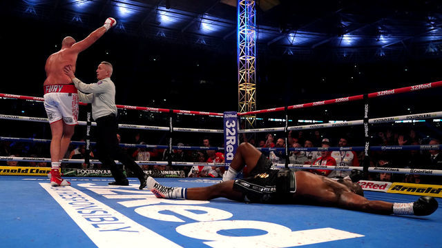 Tyson Fury celebrates after knocking down Dillian Whyte during the WBC heavyweight title fight at Wembley Stadium, London. Picture date: Saturday April 23, 2022.