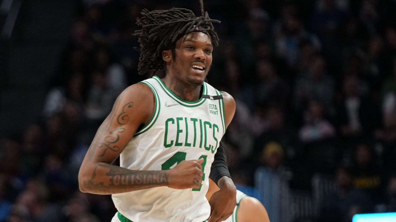 DENVER, CO - MARCH 20: Robert Williams III #44 of the Boston Celtics runs up the court against the Denver Nuggets at Ball Arena on March 20, 2022 in Denver, Colorado. NOTE TO USER: User expressly acknowledges and agrees that, by downloading and or using this photograph, User is consenting to the terms and conditions of the Getty Images License Agreement.