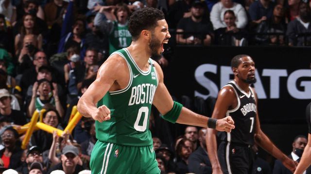 BROOKLYN, NY - APRIL 23: Jayson Tatum #0 of the Boston Celtics celebrates against the Brooklyn Nets during Round 1 Game 3 of the 2022 NBA Playoffs on April 23, 2022 at Barclays Center in Brooklyn, New York. Mandatory Copyright Notice: Copyright 2022 NBAE
