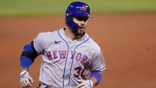 MIAMI, FLORIDA - SEPTEMBER 08: Michael Conforto #30 of the New York Mets runs the bases after hitting a solo homerun in the seventh inning against the Miami Marlins at loanDepot park on September 08, 2021 in Miami, Florida.