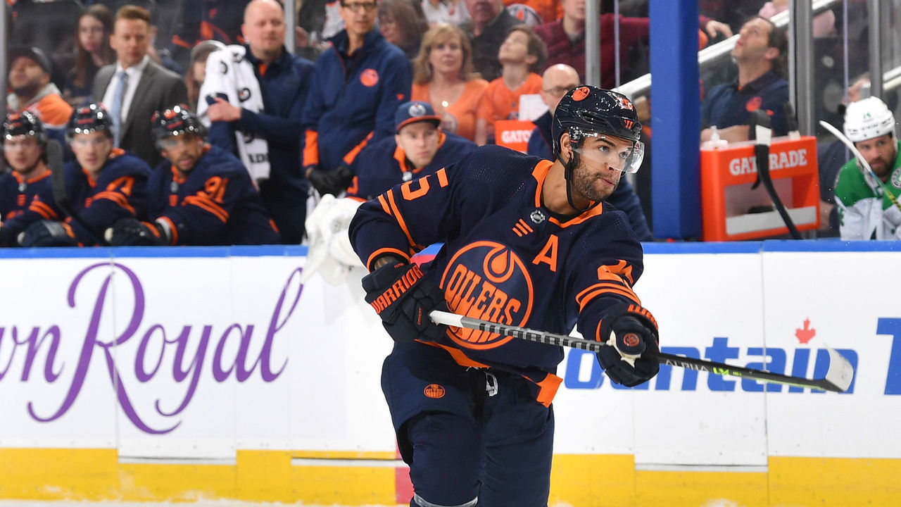 EDMONTON, AB - APRIL 20: Darnell Nurse #25 of the Edmonton Oilers shoots during the game against the Dallas Stars on April 20, 2022 at Rogers Place in Edmonton, Alberta, Canada.