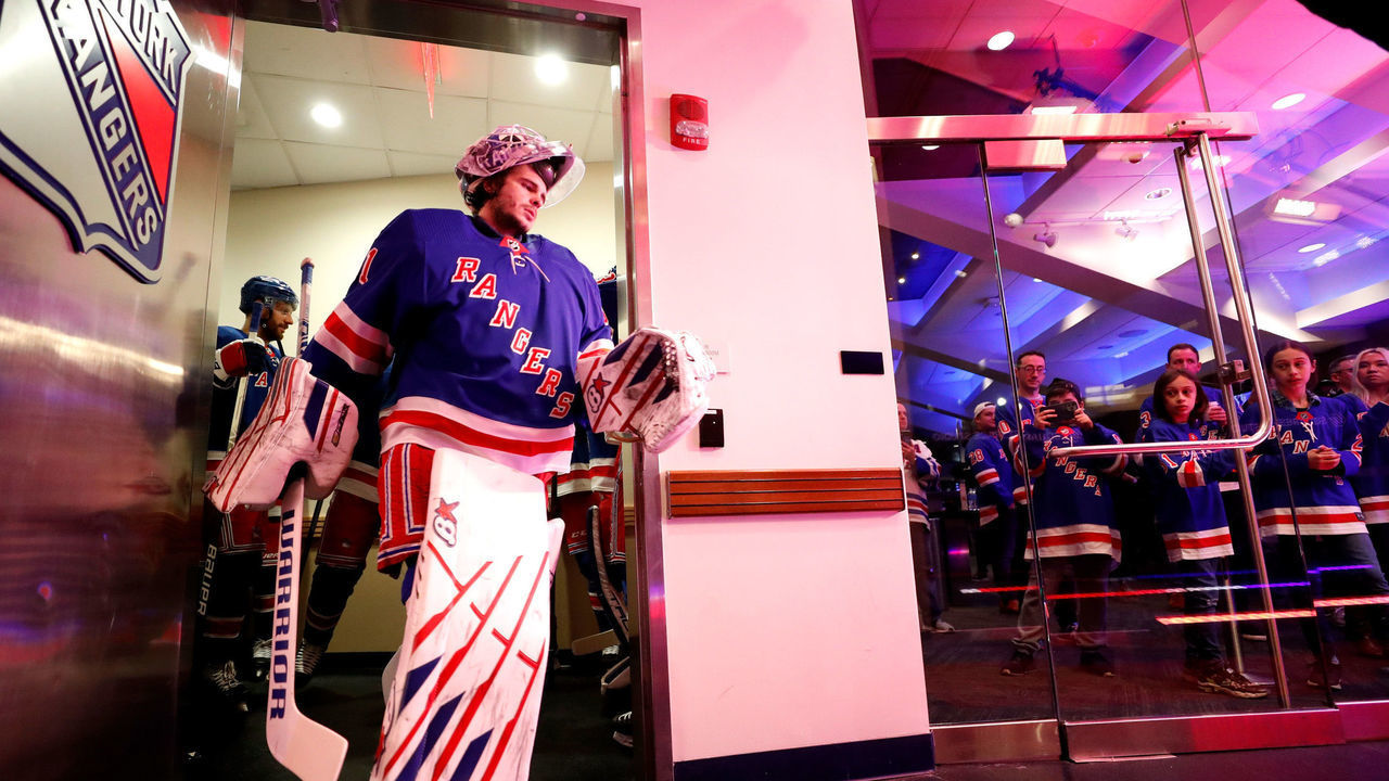 NEW YORK, NY - APRIL 19: Igor Shesterkin #31 of the New York Rangers makes the walk to the ice against the Winnipeg Jets at Madison Square Garden on April 19, 2022 in New York City.
