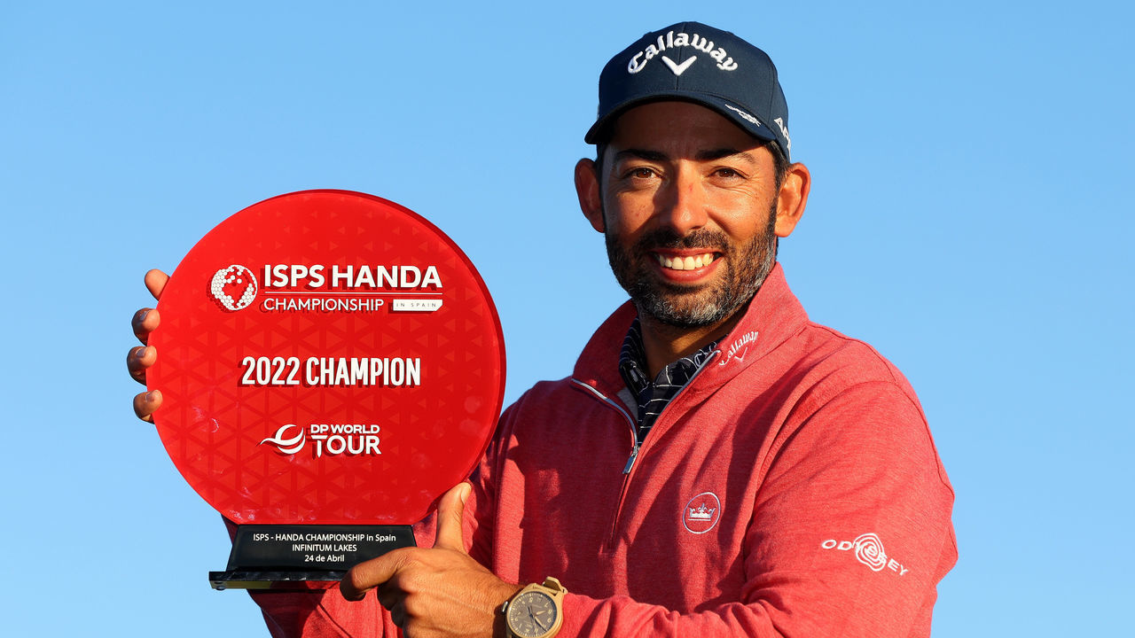 TARRAGONA, SPAIN - APRIL 24: Pablo Larrazabal of Spain poses with the trophy as he wins the ISPS Handa Championship at Lakes Course, Infinitum on April 24, 2022 in Tarragona, Spain.