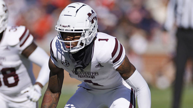 AUBURN, AL - NOVEMBER 13: Mississippi State Bulldogs cornerback Martin Emerson (1) lines up on defense during a college football game against the Auburn Tigers on Nov. 13, 2021 at Jordan-Hare Stadium in Auburn, Alabama.