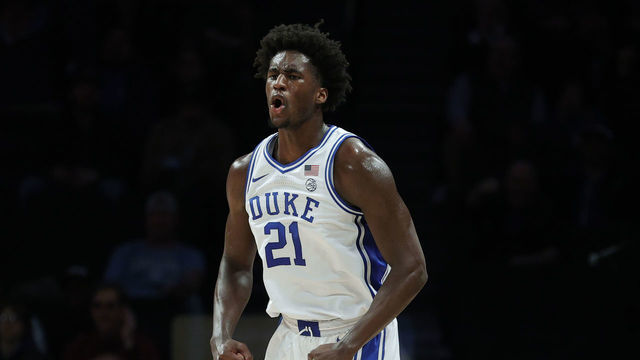 NEW YORK, NEW YORK - MARCH 11: AJ Griffin #21 of the Duke Blue Devils reacts during the first half against the Miami (Fl) Hurricanes in the 2022 Men's ACC Basketball Tournament - Semifinals at Barclays Center on March 11, 2022 in the Brooklyn borough of New York City.