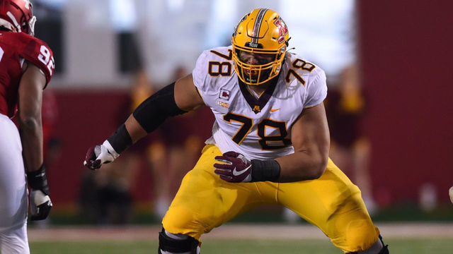BLOOMINGTON, IN - NOVEMBER 20: Minnesota OL Daniel Faalele (78) during a college football game between the Minnesota Golden Gophers and Indiana Hoosiers on November 20, 2021 at Memorial Stadium in Bloomington, IN.