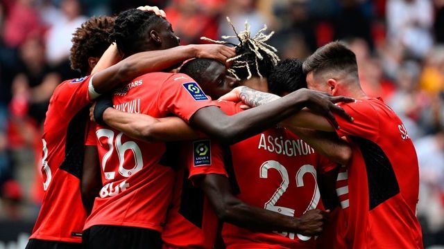 Rennes players celebrate a goal during the French L1 football match between Stade Rennais and Lorient at Roazhon Park stadium in Rennes, northwestern France, on April 24, 2022.