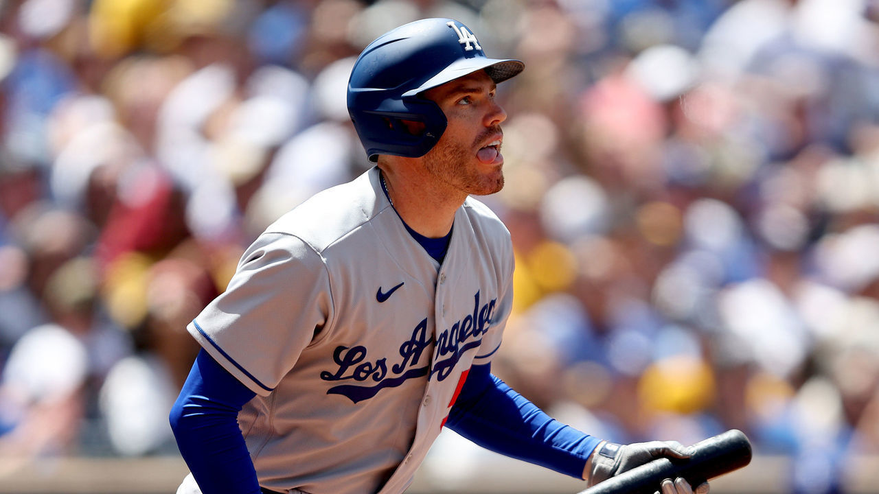 SAN DIEGO, CALIFORNIA - APRIL 24: Freddie Freeman #5 of the Los Angeles Dodgers connects for a two-run homerun during the third inning of a game against the San Diego Padres at PETCO Park on April 24, 2022 in San Diego, California.