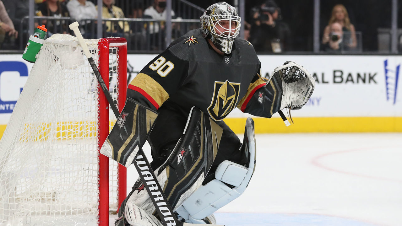 LAS VEGAS, NEVADA - APRIL 18: Robin Lehner #90 of the Vegas Golden Knights tends net during the first period of a game against the New Jersey Devils at T-Mobile Arena on April 18, 2022 in Las Vegas, Nevada.