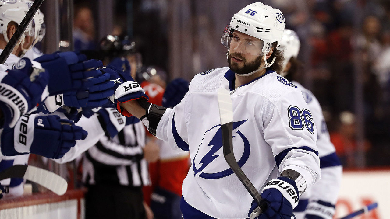SUNRISE, FL - APRIL 24: Nikita Kucherov #86 of the Tampa Bay Lightning celebrates his goal with teammates during the first period against the Florida Panthers at the FLA Live Arena on April 24, 2022 in Sunrise, Florida.