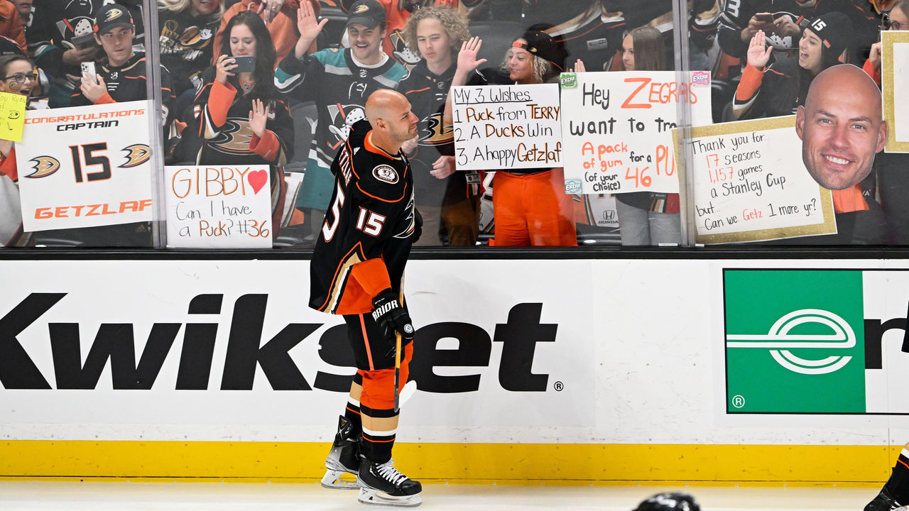 ANAHEIM, CA - APRIL 24: Ryan Getzlaf #15 of the Anaheim Ducks skates on the ice prior to his last career game before he retires from the NHL prior to the game between the St. Louis Blues and the Anaheim Ducks at Honda Center on April 24, 2022 in Anaheim, California.