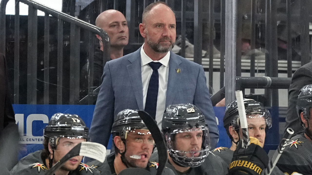 LAS VEGAS, NEVADA - APRIL 24: Vegas Golden Knights head coach Pete DeBoer is seen on the bench during the second period of a game against the San Jose Sharks at T-Mobile Arena on April 24, 2022 in Las Vegas, Nevada.