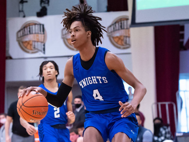 SPRINGFIELD, MA - JANUARY 15: Nassir Cunningham of Gill ST. Bernards (4) sets the play during the first half of the Spalding Hoophall Classic high school basketball game between Gill St. Bernards and Simeon Career Academy on January 15, 2020 at Blake Arena in Springfield, MA