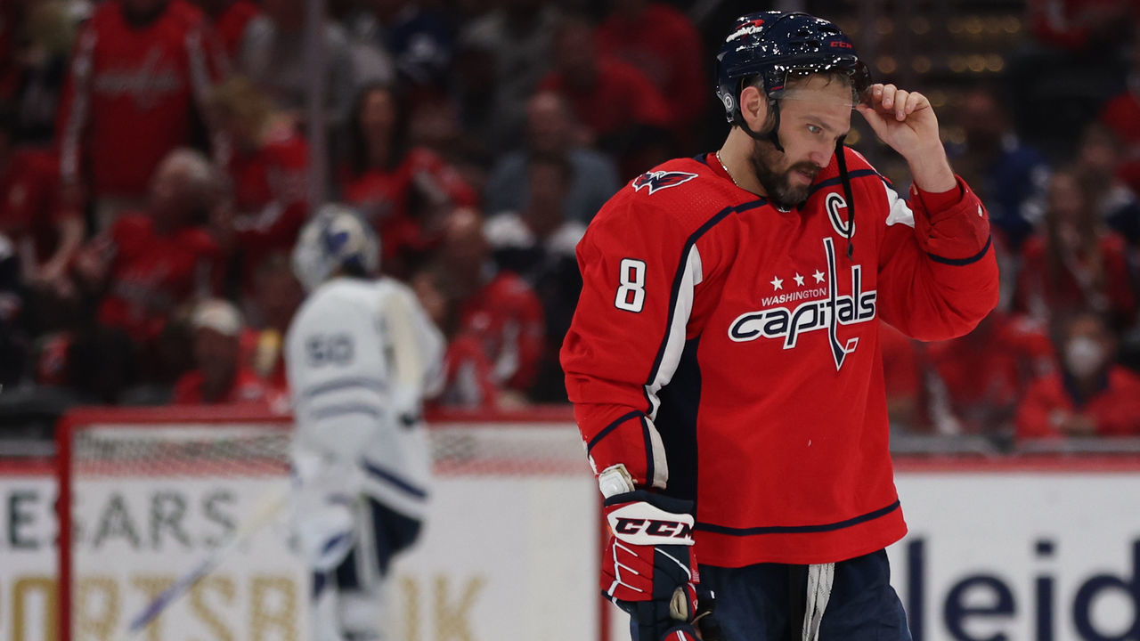 WASHINGTON, DC - APRIL 24: Alex Ovechkin #8 of the Washington Capitals reacts after being injured against the Toronto Maple Leafs during the third period at Capital One Arena on April 24, 2022 in Washington, DC.