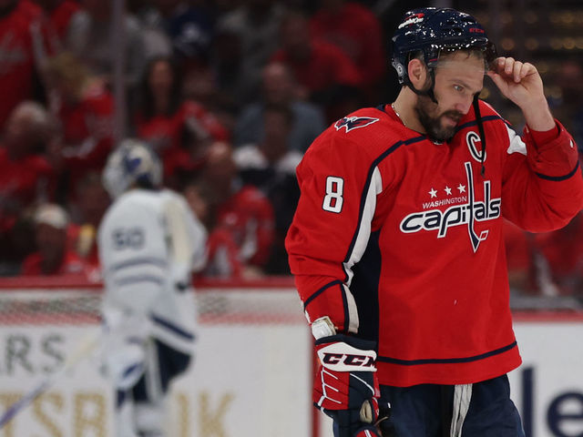 WASHINGTON, DC - APRIL 24: Alex Ovechkin #8 of the Washington Capitals reacts after being injured against the Toronto Maple Leafs during the third period at Capital One Arena on April 24, 2022 in Washington, DC.