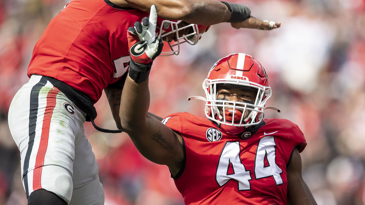 ATHENS, GA - NOVEMBER 6: Travon Walker #44 celebrates a sack with Nolan Smith #4 during a game between Missouri Tigers and Georgia Bulldogs at Sanford Stadium on November 6, 2021 in Athens, Georgia.