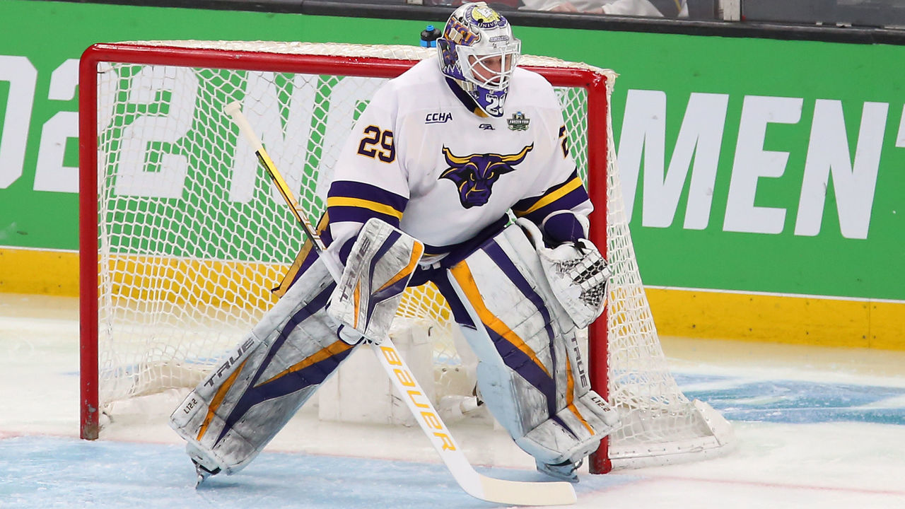 BOSTON, MA - APRIL 07: Minnesota State Mavericks goaltender Dryden McKay (29) in action during the Frozen Four of the Men's Div I NCAA Hockey Championship between Minnesota Golden Gophers and Minnesota State Mavericks on April 7, 2022, at TD Garden in Boston, MA.