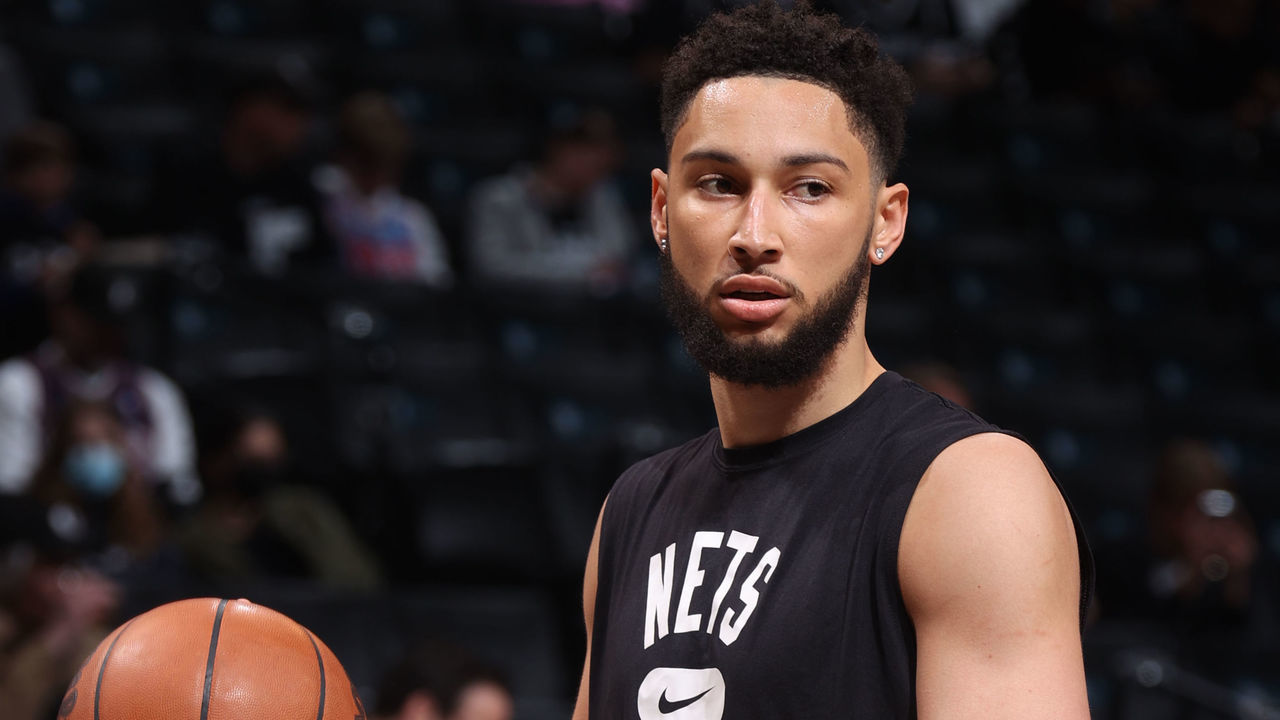 BROOKLYN, NY - APRIL 23: Ben Simmons #10 of the Brooklyn Nets looks on before the game against the Boston Celtics during Round 1 Game 3 of the 2022 NBA Playoffs on April 23, 2022 at Barclays Center in Brooklyn, New York. Mandatory Copyright Notice: Copyright 2022 NBAE