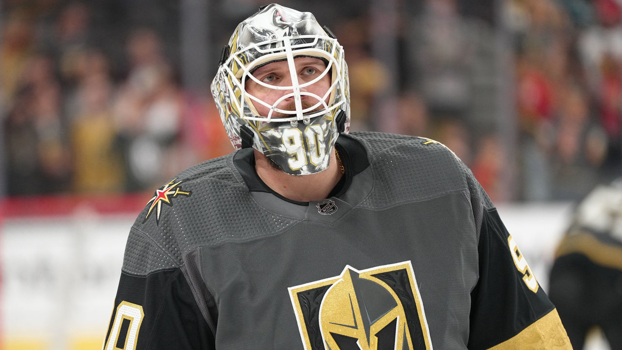 LAS VEGAS, NEVADA - APRIL 24: Robin Lehner #90 of the Vegas Golden Knights warms up prior to a game against the San Jose Sharks at T-Mobile Arena on April 24, 2022 in Las Vegas, Nevada.
