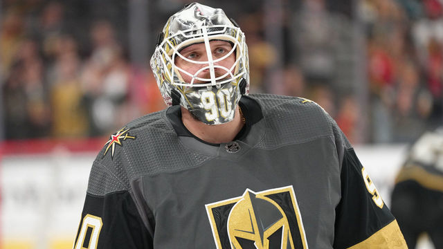 LAS VEGAS, NEVADA - APRIL 24: Robin Lehner #90 of the Vegas Golden Knights warms up prior to a game against the San Jose Sharks at T-Mobile Arena on April 24, 2022 in Las Vegas, Nevada.
