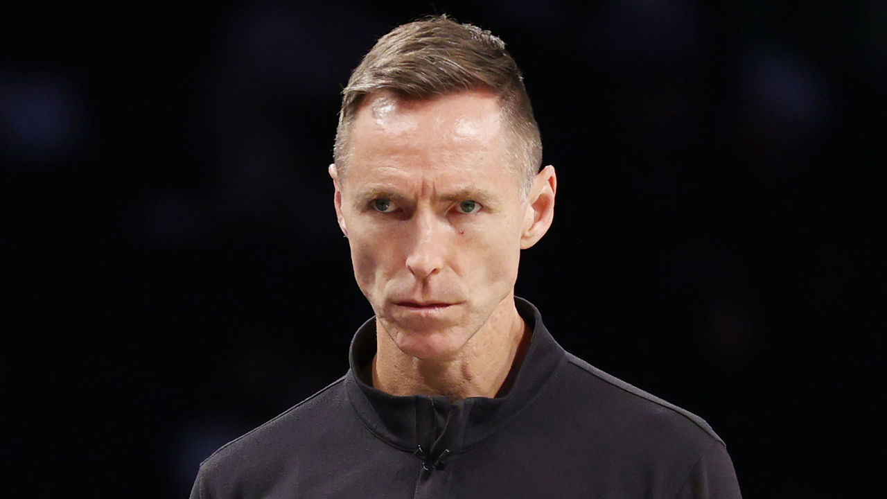 NEW YORK, NEW YORK - APRIL 12: Head coach Steve Nash of the Brooklyn Nets looks on during the first half of the Eastern Conference 2022 Play-In Tournament against the Cleveland Cavaliers at Barclays Center on April 12, 2022 in the Brooklyn borough of New York City.