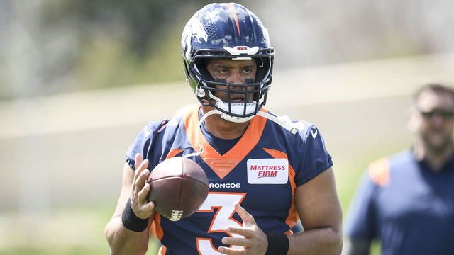 ENGLEWOOD , CO - APRIL 25: Russell Wilson (3) of the Denver Broncos works out during mini camp on Monday, April 25, 2022.