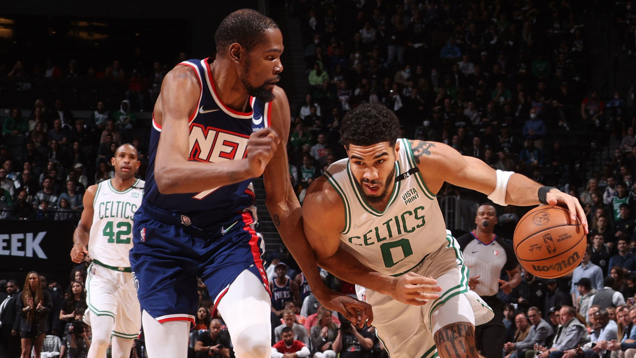 BROOKLYN, NY - APRIL 25: Kevin Durant #7 of the Brooklyn Nets plays defense on Jayson Tatum #0 of the Boston Celtics during Round 1 Game 4 of the 2022 NBA Playoffs on April 25, 2022 at Barclays Center in Brooklyn, New York. Mandatory Copyright Notice: Copyright 2022 NBAE