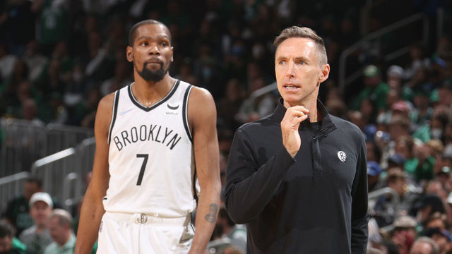 BOSTON, MA - APRIL 17: Kevin Durant #7 of the Brooklyn Nets and Head Coach Steve Nash look on against the Boston Celtics during Round 1 Game 1 of the 2022 NBA Playoffs on April 17, 2022 at the TD Garden in Boston, Massachusetts. Mandatory Copyright Notice: Copyright 2022 NBAE