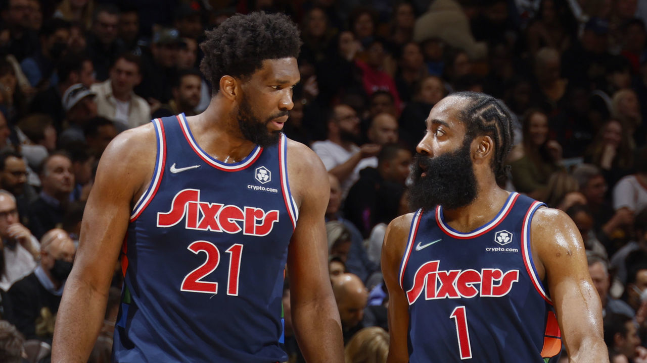 TORONTO, CANADA - APRIL 20: Joel Embiid #21 of the Philadelphia 76ers and James Harden #1 of the Philadelphia 76ers during Round 1 Game 3 of the 2022 NBA Playoffs on April 20, 2022 at the Scotiabank Arena in Toronto, Ontario, Canada. Mandatory Copyright Notice: Copyright 2022 NBAE