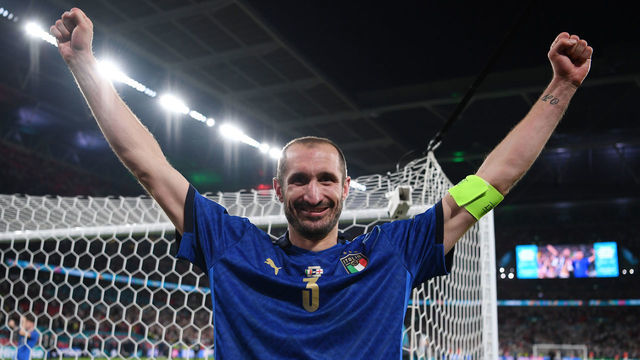 LONDON, ENGLAND - JULY 11: Giorgio Chiellini of Italy celebrates following his team's victory in the UEFA Euro 2020 Championship Final between Italy and England at Wembley Stadium on July 11, 2021 in London, England.