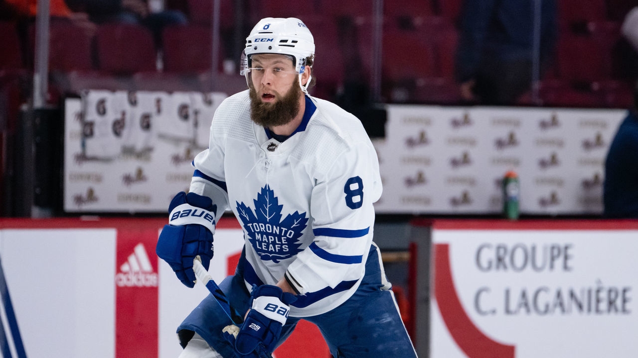 MONTREAL, QC - FEBRUARY 21: Jake Muzzin (8) of the Toronto Maple Leafs skates during the warmup period of the NHL game between the Toronto Maple Leafs and the Montreal Canadiens on February 21, 2022, at the Bell Centre in Montreal, QC