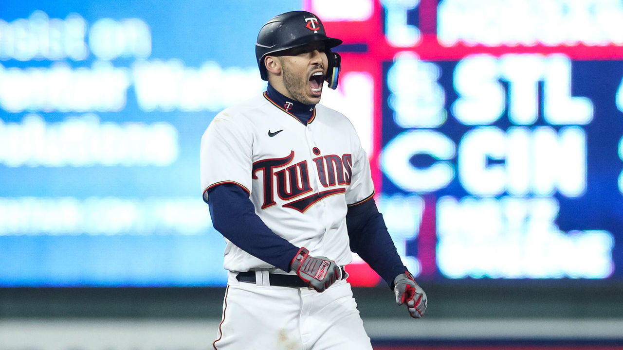 MINNEAPOLIS, MN - APRIL 22: Carlos Correa #4 of the Minnesota Twins celebrates reaching second base on two errors by the Chicago White Sox in the eighth inning of the game at Target Field on April 22, 2022 in Minneapolis, Minnesota. The Twins defeated the White Sox 2-1.