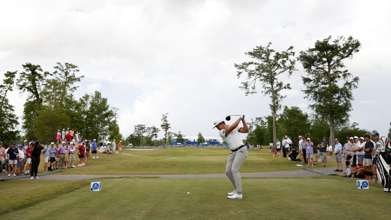AVONDALE, LOUISIANA - APRIL 24: Garrick Higgo of South Africa plays his shot from the 13th tee during the final round of the Zurich Classic of New Orleans at TPC Louisiana on April 24, 2022 in Avondale, Louisiana.