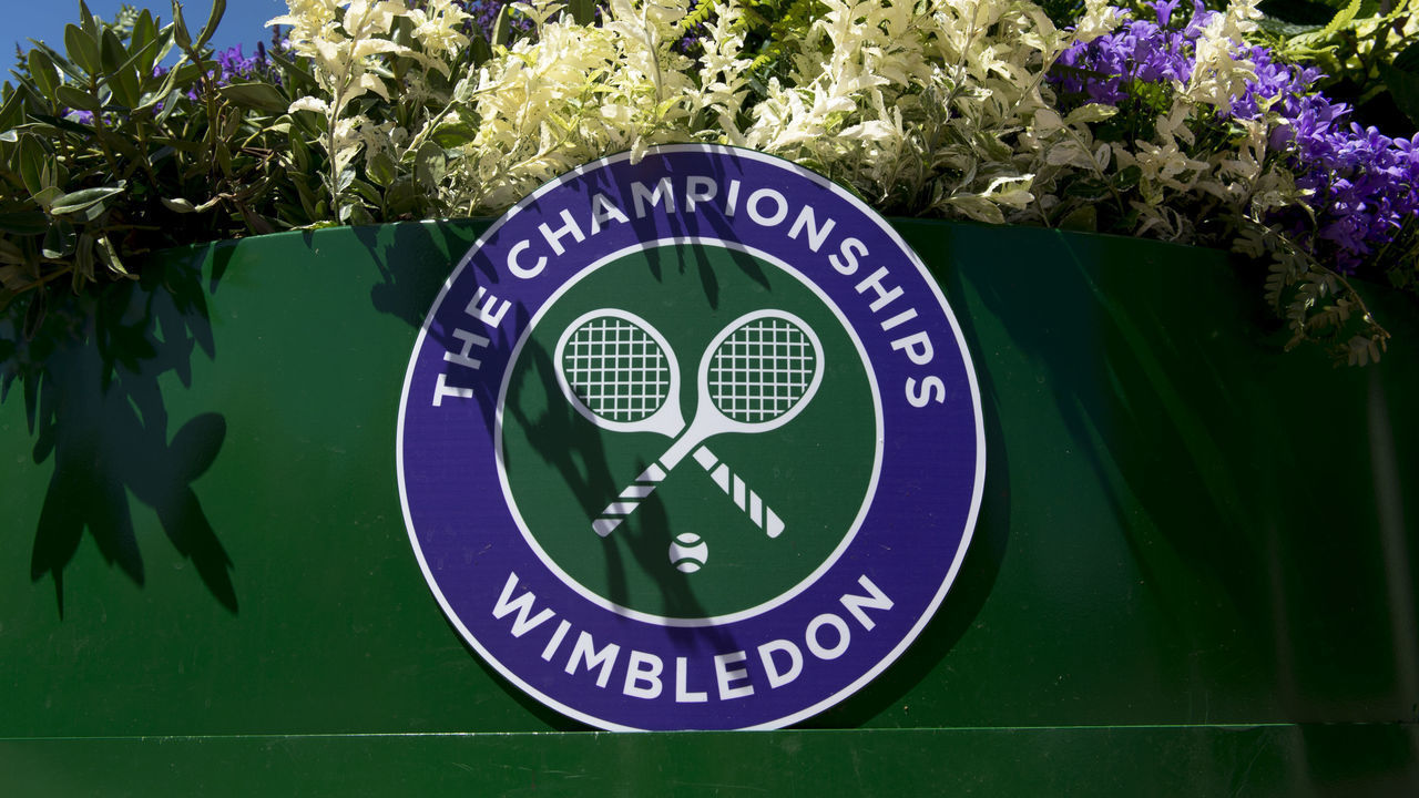 LONDON, ENGLAND - JULY 02: The Wimbledon logo the day before the championships begins at All England Lawn Tennis and Croquet Club on July 2, 2017 in London, England.