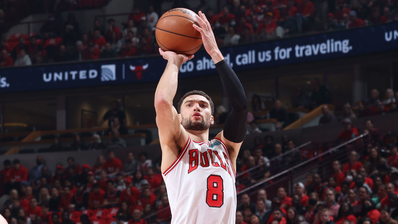 CHICAGO, IL - APRIL 24: Zach LaVine #8 of the Chicago Bulls shoots the ball during the game against the Milwaukee Bucks during Round 1 Game 4 of the 2022 NBA Playoffs on April 24, 2022 at United Center in Chicago, Illinois. Mandatory Copyright Notice: Copyright 2022 NBAE