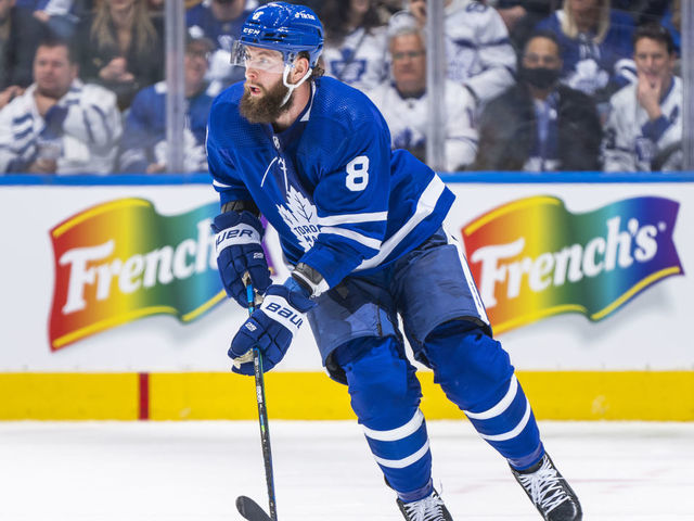 TORONTO, ON - APRIL 14: Jake Muzzin #8 of the Toronto Maple Leafs skates against the Washington Capitals during the third period at the Scotiabank Arena on April 14, 2022 in Toronto, Ontario, Canada.