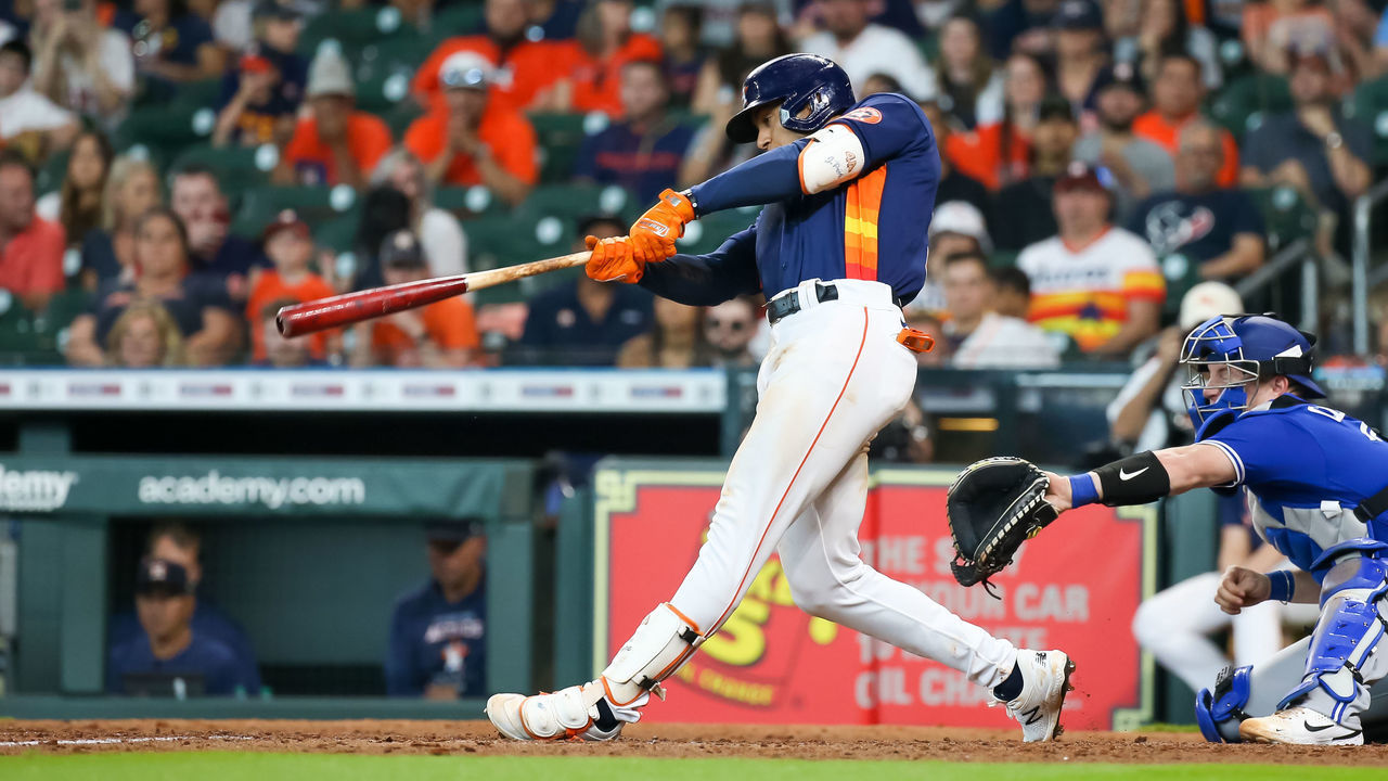 HOUSTON, TX - APRIL 24: Houston Astros shortstop Jeremy Peña (3) hits a go-ahead home run in the bottom of the tenth inning during the baseball game between the Toronto Blue Jays and Houston Astros on April 24, 2022 at Minute Maid Park in Houston, Texas.