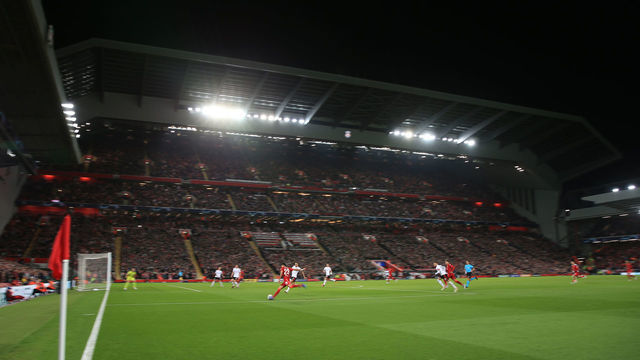 LIVERPOOL, ENGLAND - APRIL 13: a wide general view as Luis Diaz of Liverpool attacks during the UEFA Champions League Quarter Final Leg Two match between Liverpool FC and SL Benfica at Anfield on April 13, 2022 in Liverpool, United Kingdom.