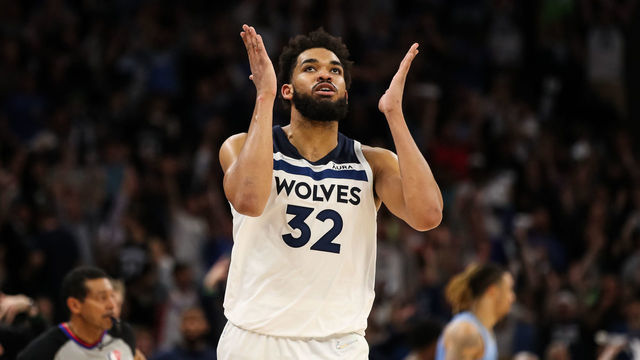MINNEAPOLIS, MN - APRIL 23: Karl-Anthony Towns #32 of the Minnesota Timberwolves celebrates his three-point basket against the Memphis Grizzlies in the fourth quarter of the game during Game Four of the Western Conference First Round at Target Center on April 23, 2022 in Minneapolis, Minnesota. The Timberwolves defeated the Grizzlies 119-118 to tie the series 2-2.
