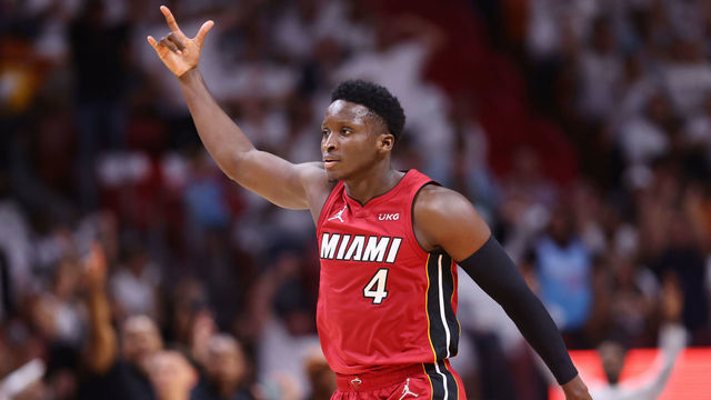 MIAMI, FLORIDA - APRIL 26: Victor Oladipo #4 of the Miami Heat celebrates a three pointer against the Atlanta Hawks during the first half in Game Five of the Eastern Conference First Round at FTX Arena on April 26, 2022 in Miami, Florida.
