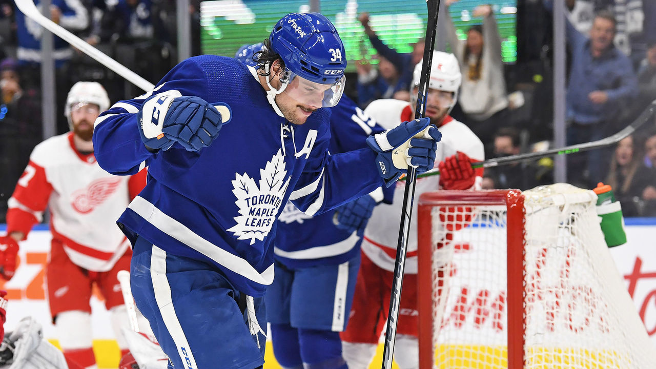 TORONTO, ON - APRIL 26: Toronto Maple Leafs Center Auston Matthews (34) celebrates his 59th goal in the second period during the regular season NHL game between the Detroit Red Wings and Toronto Maple Leafs on April 26, 2022 at Scotiabank Arena in Toronto, ON.