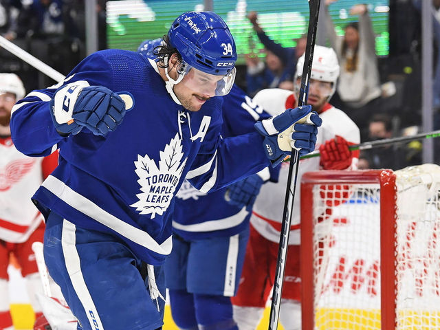 TORONTO, ON - APRIL 26: Toronto Maple Leafs Center Auston Matthews (34) celebrates his 59th goal in the second period during the regular season NHL game between the Detroit Red Wings and Toronto Maple Leafs on April 26, 2022 at Scotiabank Arena in Toronto, ON.