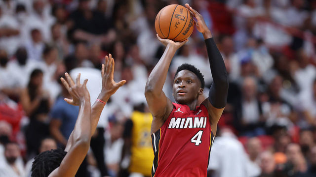 MIAMI, FLORIDA - APRIL 26: Victor Oladipo #4 of the Miami Heat shoots against the Atlanta Hawks during the second half in Game Five of the Eastern Conference First Round at FTX Arena on April 26, 2022 in Miami, Florida.