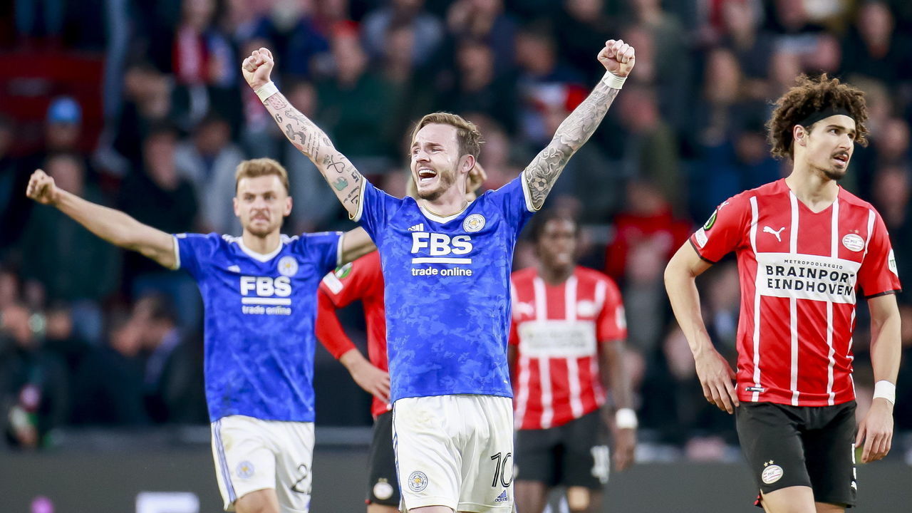 EINDHOVEN, NETHERLANDS - APRIL 14: James Maddison of Leicester City celebrate after winning during the UEFA Conference League Quarter Final Leg Two match between PSV Eindhoven and Leicester City at PSV Stadion on April 14, 2022 in Eindhoven, Netherlands.