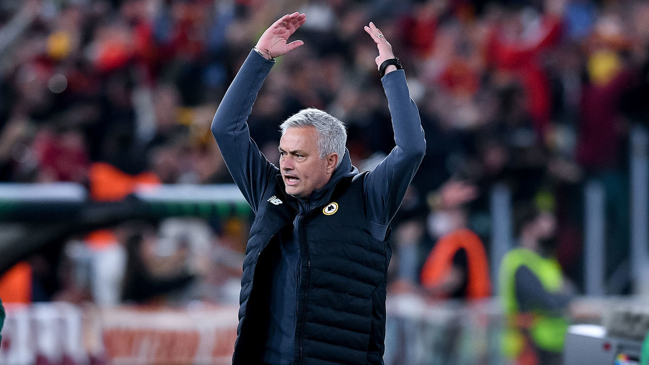 Jose Mourinho manager of AS Roma celebrates after Nicolo' Zaniolo of AS Roma scored third goal during the UEFA Conference League Quarter-Finals leg 2 match between AS Roma and Bodo/Glimt at Stadio Olimpico, Rome, Italy on 14 April 2022.