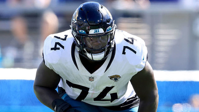 JACKSONVILLE, FLORIDA - SEPTEMBER 26: Cam Robinson #74 of the Jacksonville Jaguars lines up during the game against the Arizona Cardinals at TIAA Bank Field on September 26, 2021 in Jacksonville, Florida.