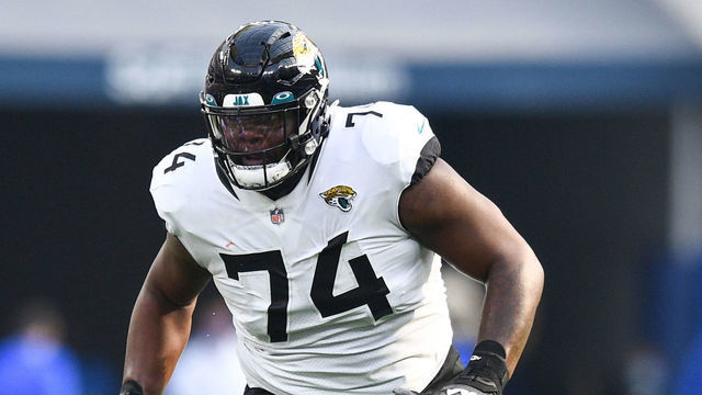 INGLEWOOD, CA - DECEMBER 05: Jacksonville Jaguars Offensive Tackle Cam Robinson (74) blocks during the NFL game between the Jacksonville Jaguars and the Los Angeles Rams on December 5, 2021, at SoFi Stadium in Inglewood, CA.