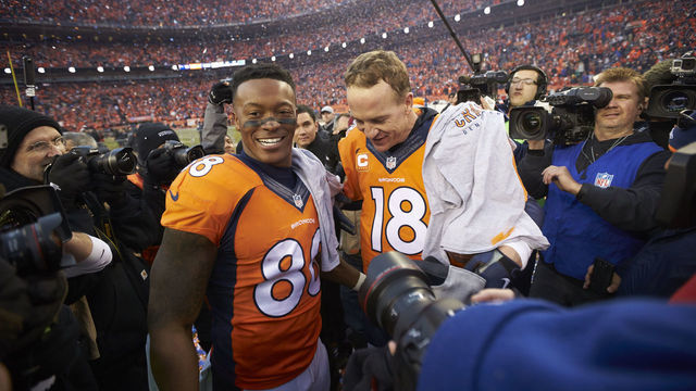 Football: AFC Playoffs: Denver Broncos QB Peyton Manning (18) with Demaryius Thomas (88) after winning game vs New Engalnd Patriots at Sports Authority Field at Mile High. Denver, CO 1/24/2016 CREDIT: Jeff Haynes (Set Number: SI-188 TK1 )