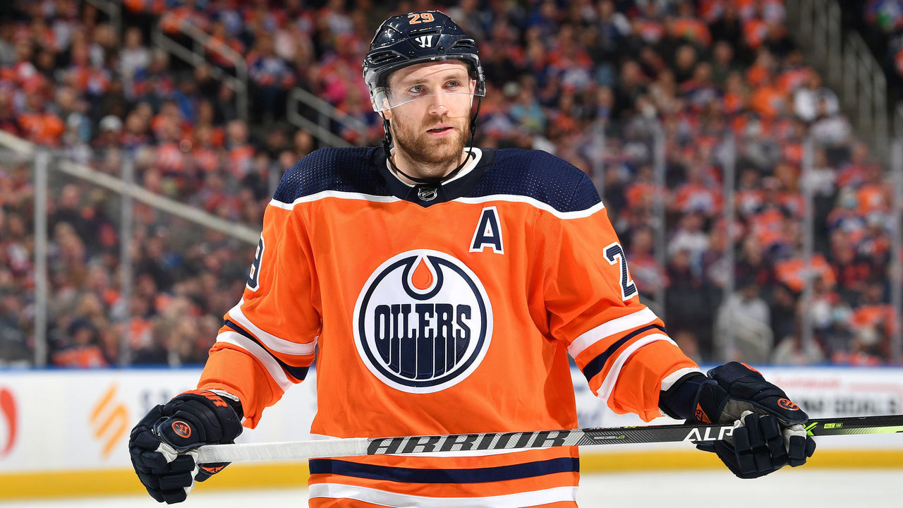 EDMONTON, AB - April 22: Leon Draisaitl #29 of the Edmonton Oilers awaits a face-off during the game against the Colorado Avalanche on April 22, 2022 at Rogers Place in Edmonton, Alberta, Canada.